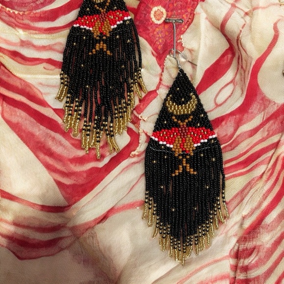 Bold Black Gold Silver Red Handmade Boho Witchy Beaded Earrings w/beaded fringe - Picture 6 of 16